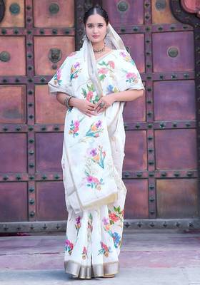white printed pure cotton white saree with blouse 5