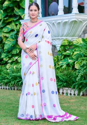 white printed pure cotton white saree with blouse 1