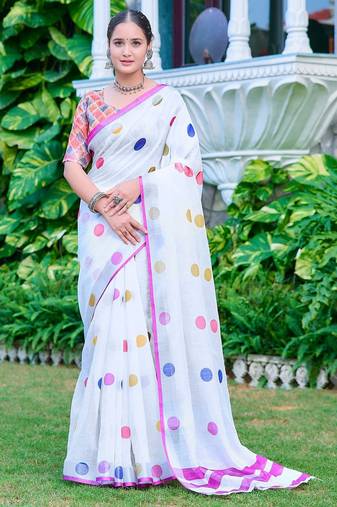 white printed pure cotton white saree with blouse