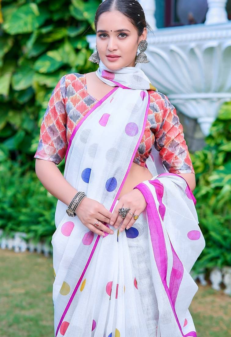 white printed pure cotton white saree with blouse