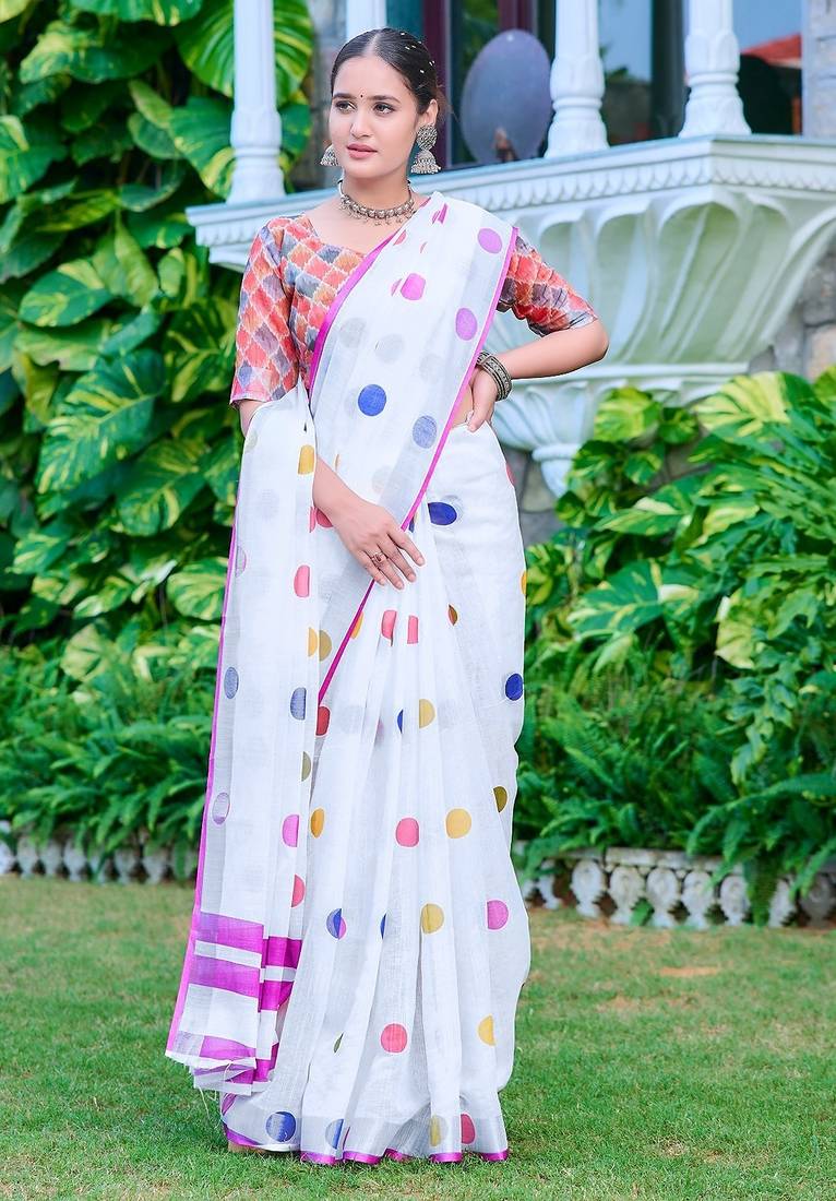 white printed pure cotton white saree with blouse