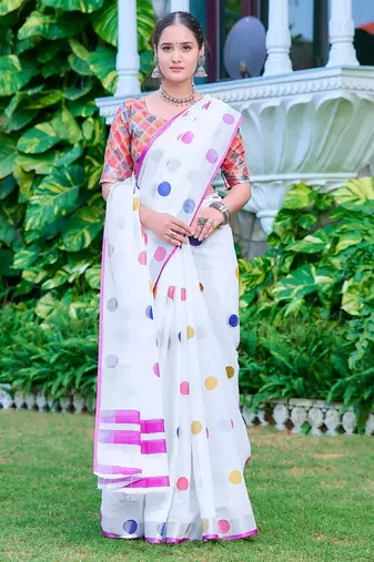 white printed pure cotton white saree with blouse
