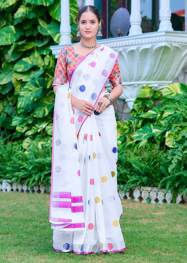 white printed pure cotton white saree with blouse