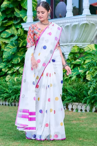 white printed pure cotton white saree with blouse