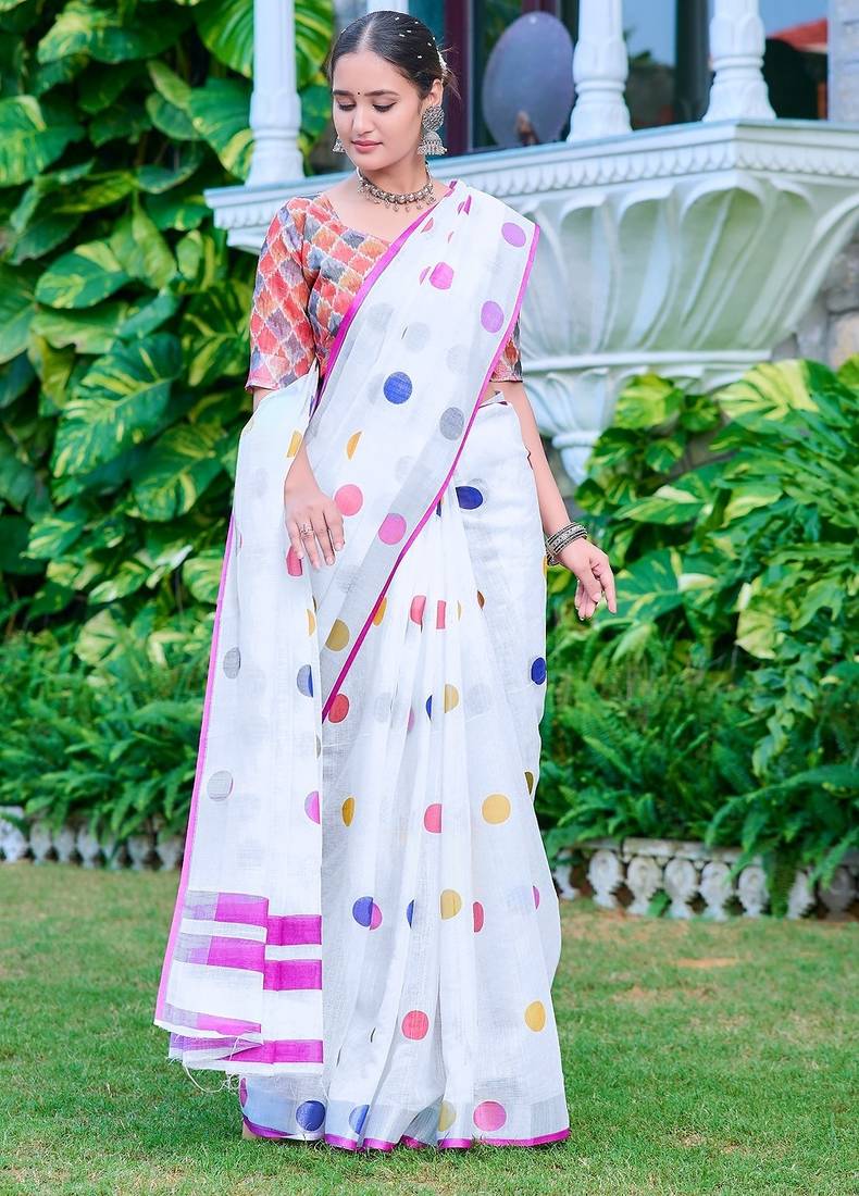 white printed pure cotton white saree with blouse