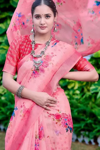 peach printed pure cotton peach saree with blouse