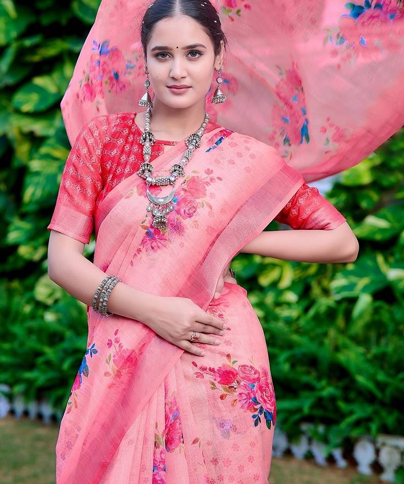 peach printed pure cotton peach saree with blouse
