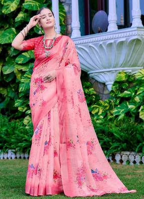 peach printed pure cotton peach saree with blouse 3
