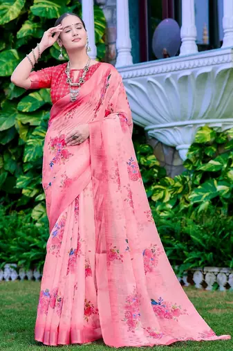 peach printed pure cotton peach saree with blouse