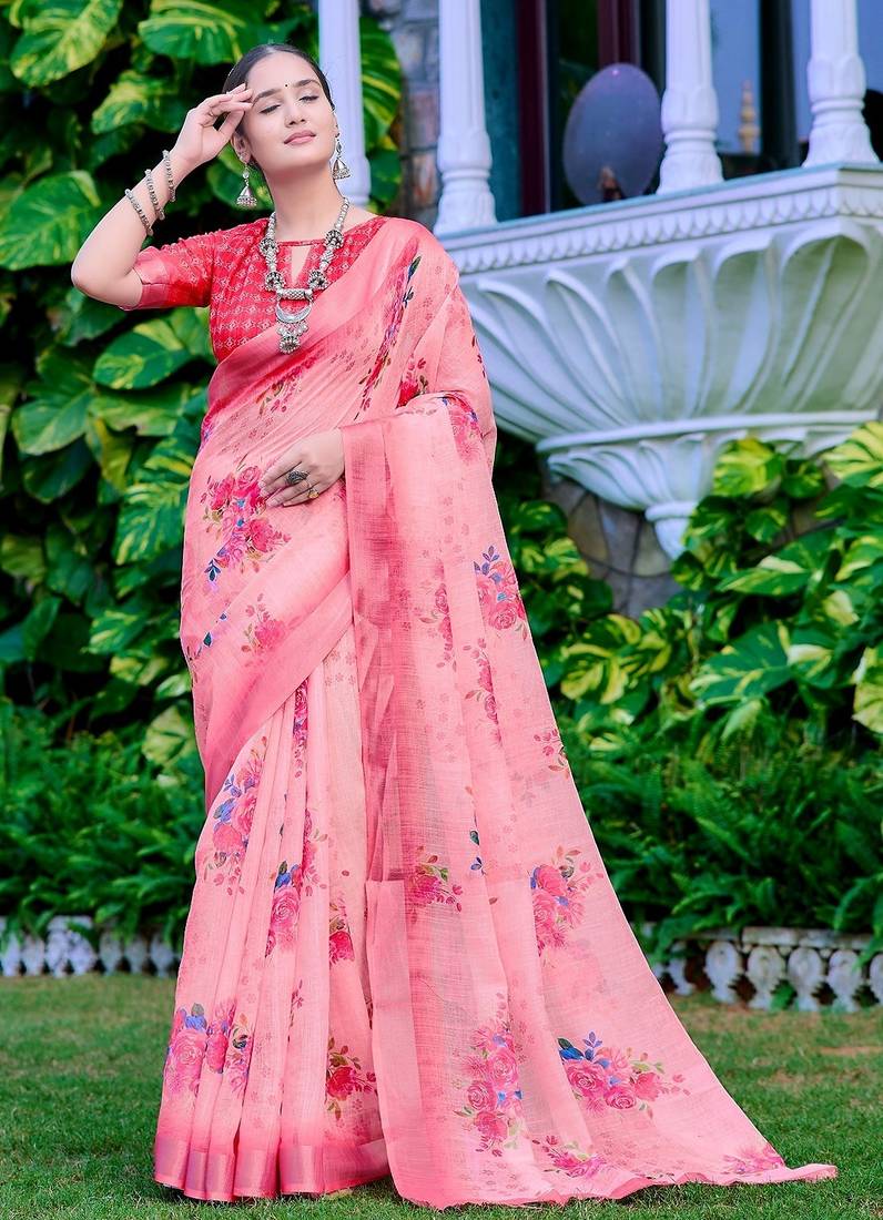 peach printed pure cotton peach saree with blouse