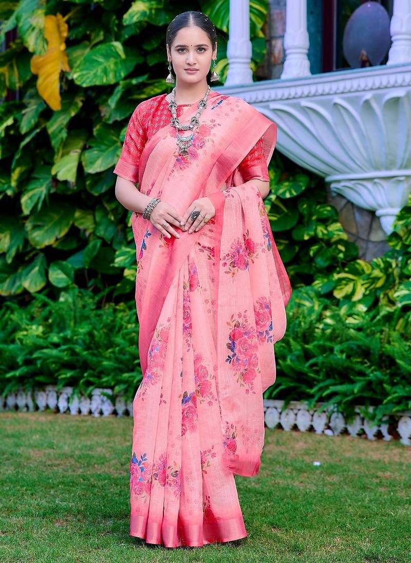 peach printed pure cotton peach saree with blouse