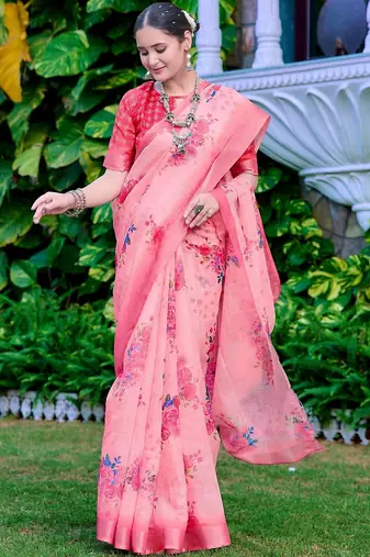 peach printed pure cotton peach saree with blouse