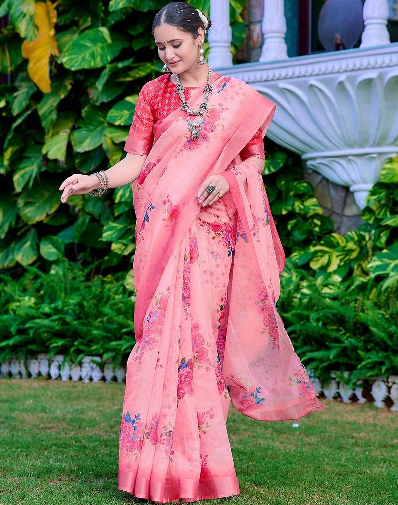 peach printed pure cotton peach saree with blouse