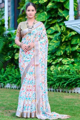 multicolor printed pure cotton multicolor saree with blouse