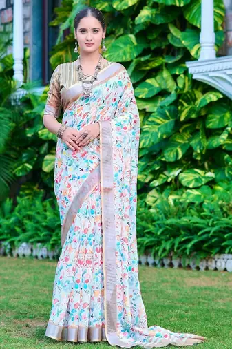 multicolor printed pure cotton multicolor saree with blouse