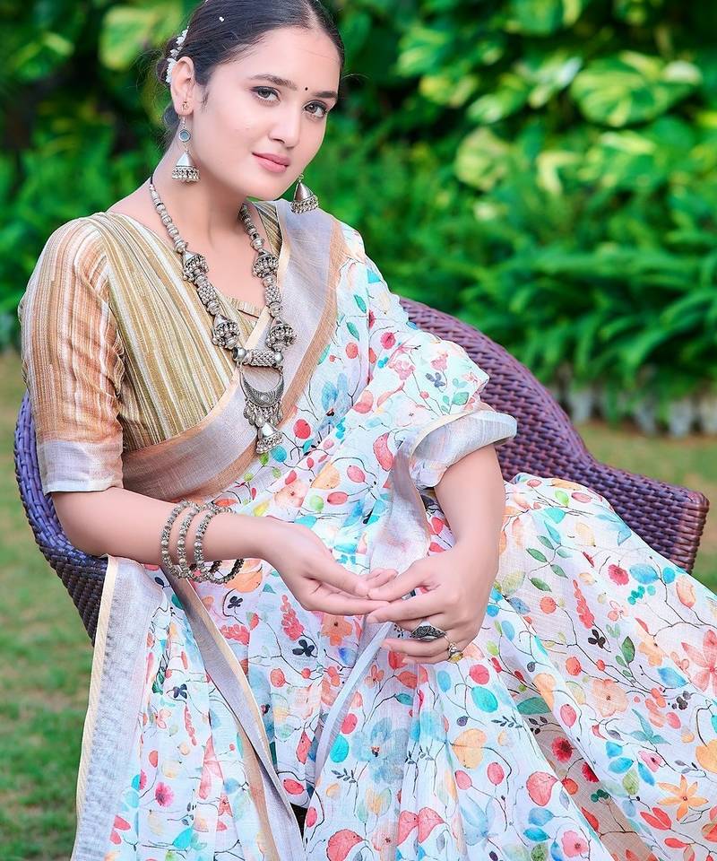 multicolor printed pure cotton multicolor saree with blouse