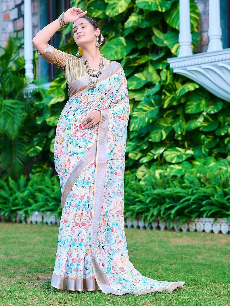multicolor printed pure cotton multicolor saree with blouse