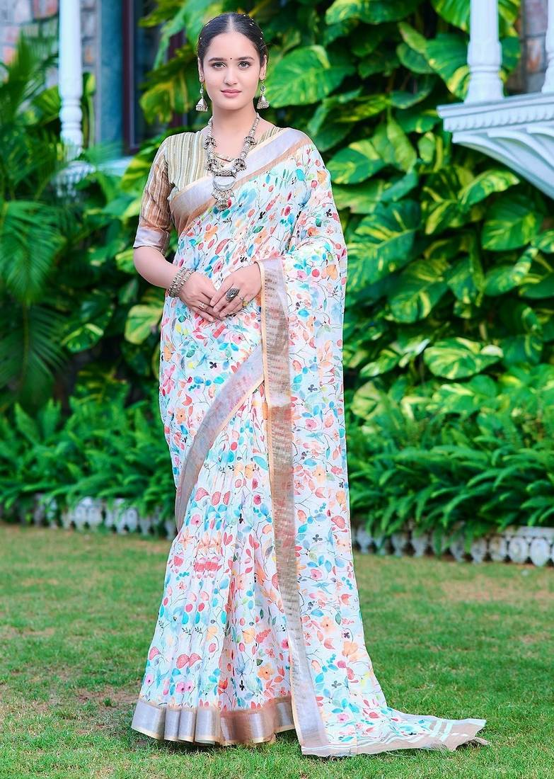multicolor printed pure cotton multicolor saree with blouse