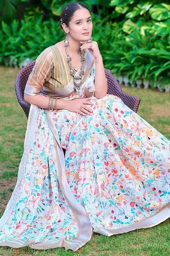 multicolor printed pure cotton multicolor saree with blouse
