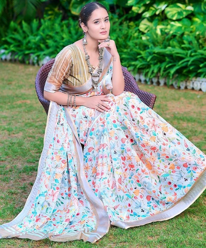 multicolor printed pure cotton multicolor saree with blouse