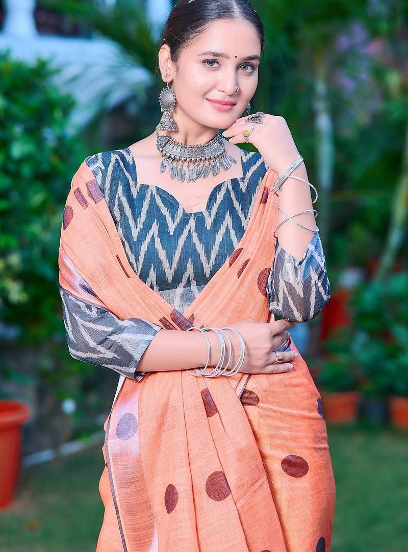 orange printed pure cotton orange saree with blouse