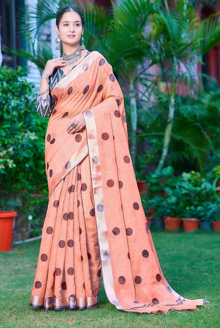 orange printed pure cotton orange saree with blouse