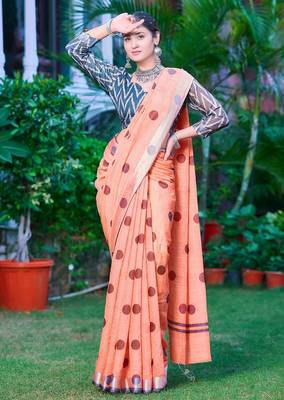 orange printed pure cotton orange saree with blouse 4