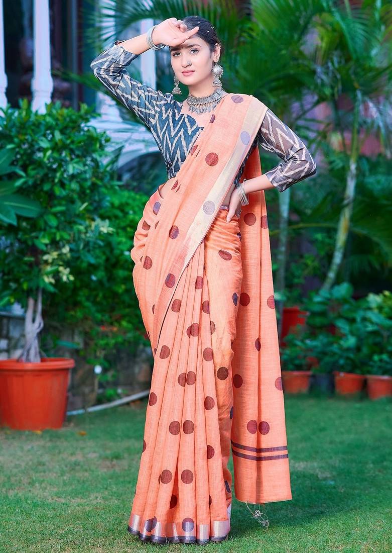 orange printed pure cotton orange saree with blouse