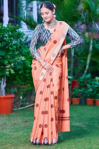 orange printed pure cotton orange saree with blouse
