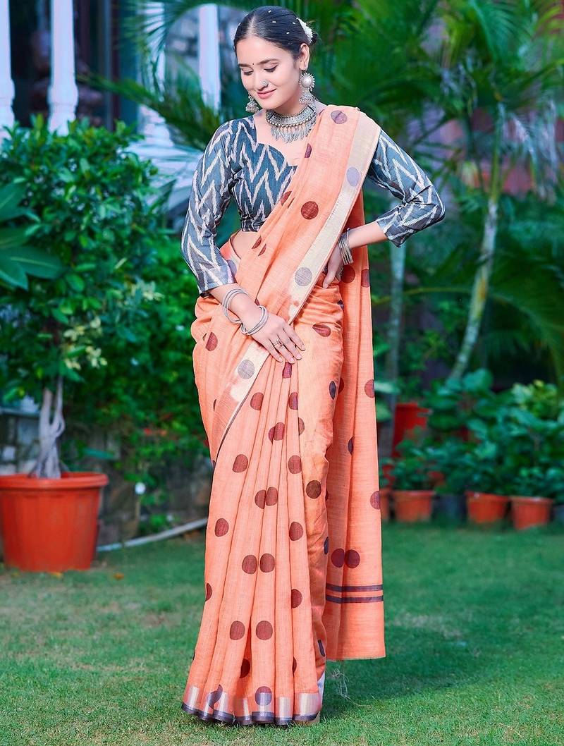 orange printed pure cotton orange saree with blouse