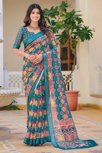 multicolor printed pure cotton multicolor saree with blouse