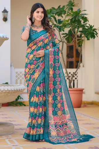 multicolor printed pure cotton multicolor saree with blouse