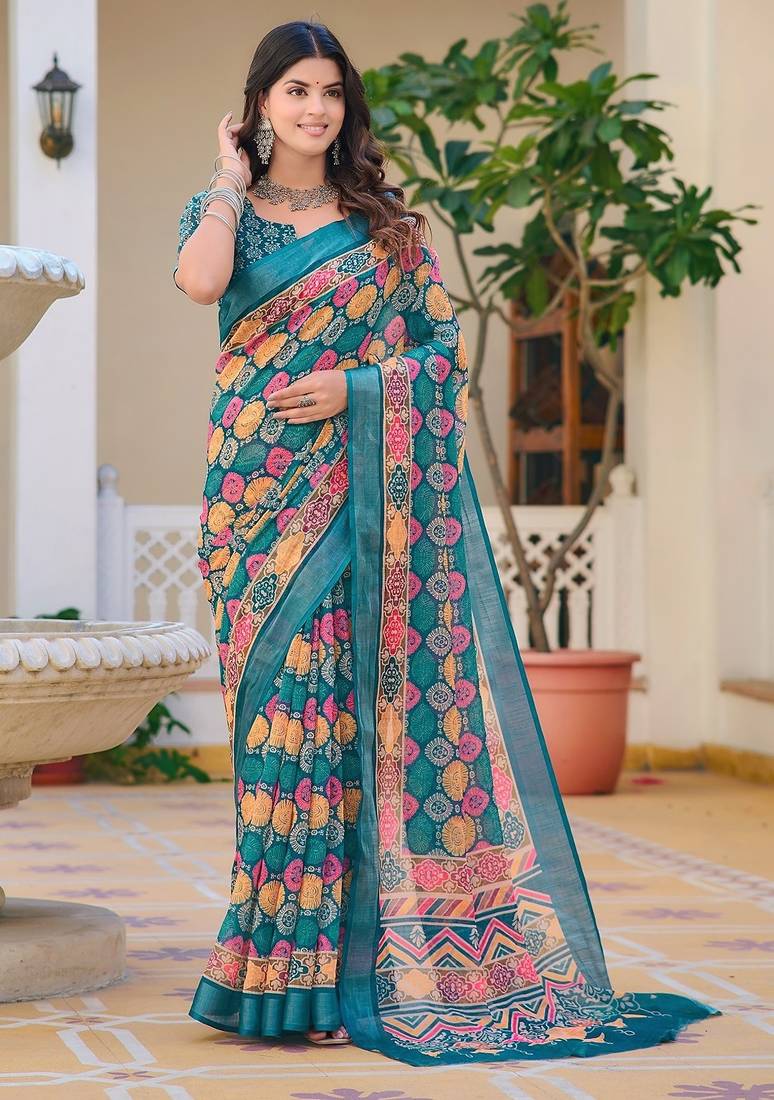 multicolor printed pure cotton multicolor saree with blouse