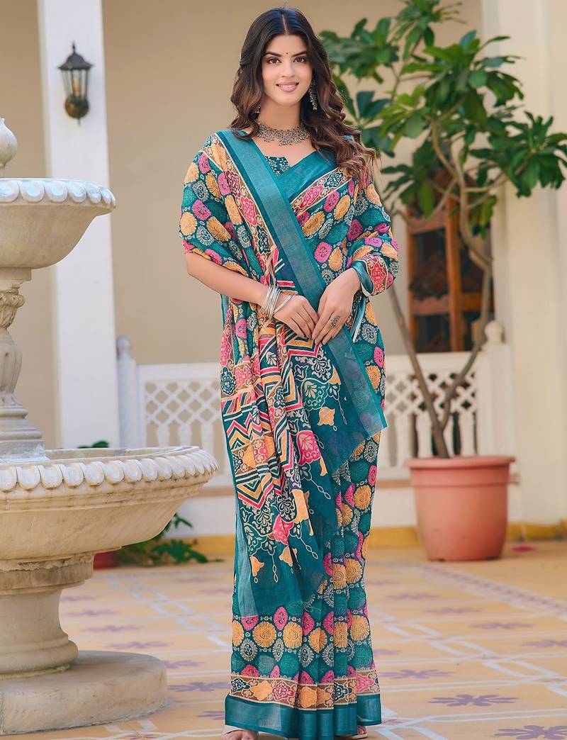 multicolor printed pure cotton multicolor saree with blouse