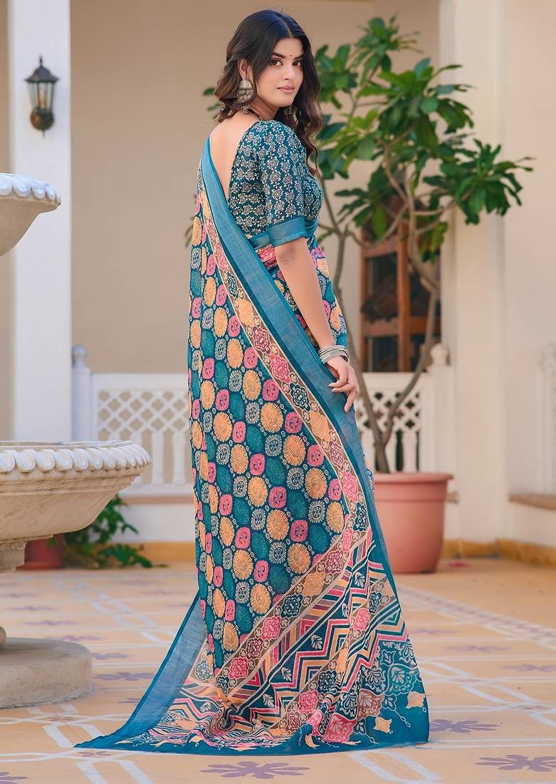 multicolor printed pure cotton multicolor saree with blouse