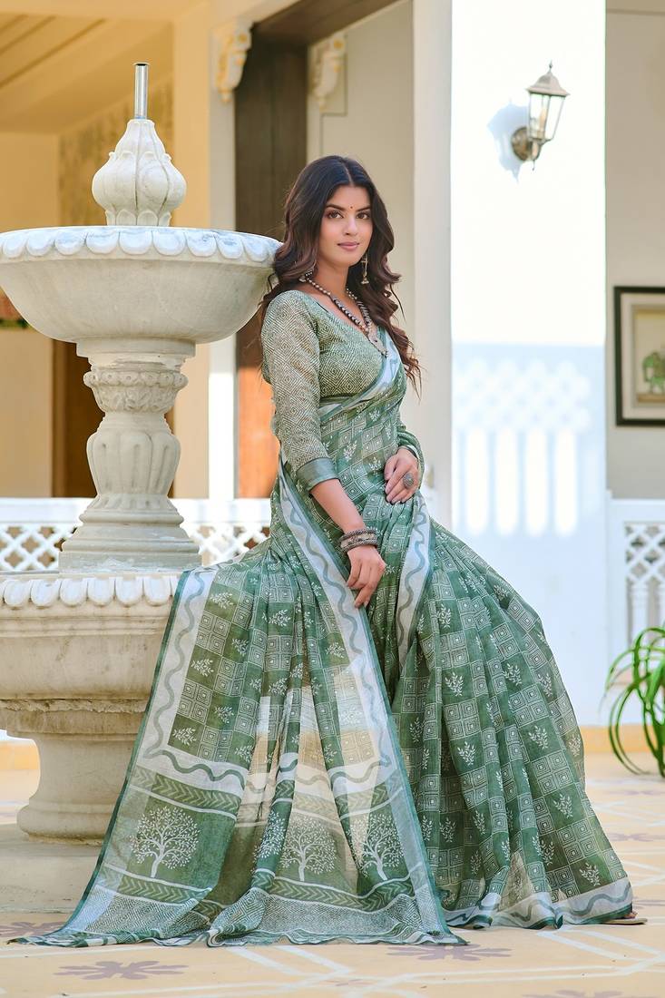 light_green printed pure cotton light green saree with blouse