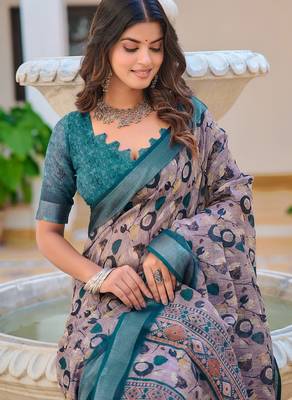 multicolor printed pure cotton multicolor saree with blouse 2