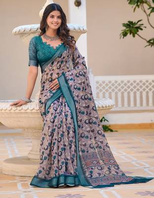 multicolor printed pure cotton multicolor saree with blouse 3