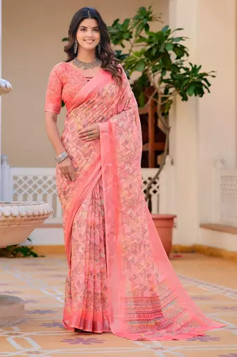 peach printed pure cotton peach saree with blouse