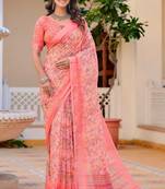 peach printed pure cotton peach saree with blouse