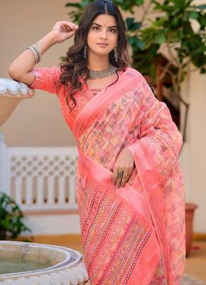 peach printed pure cotton peach saree with blouse 2
