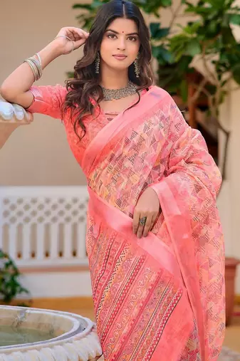 peach printed pure cotton peach saree with blouse