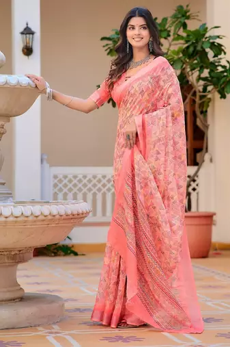 peach printed pure cotton peach saree with blouse