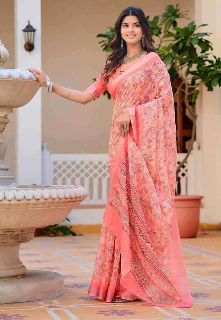 peach printed pure cotton peach saree with blouse