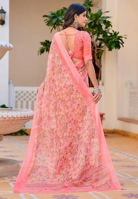 peach printed pure cotton peach saree with blouse 5