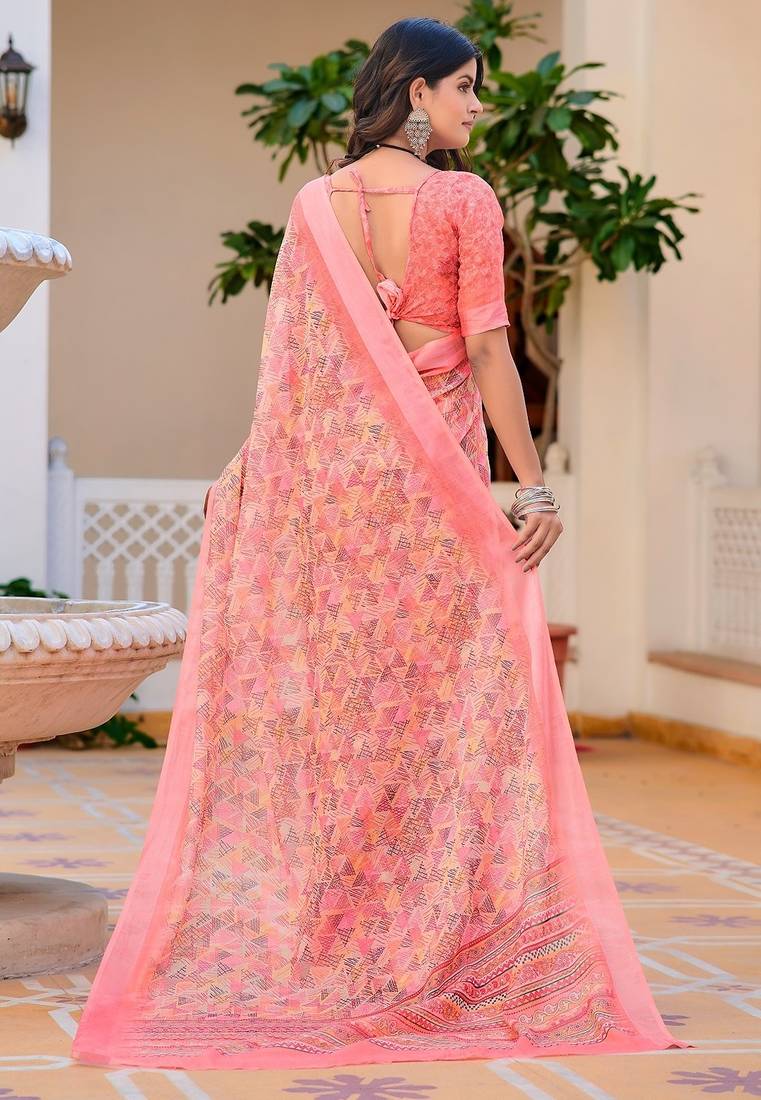 peach printed pure cotton peach saree with blouse