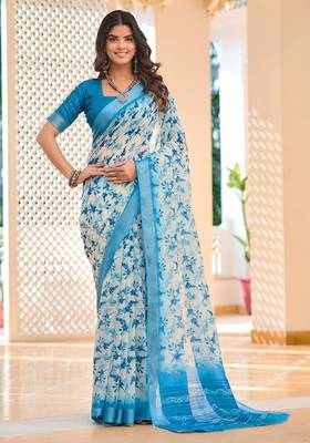 blue printed pure cotton blue saree with blouse 1