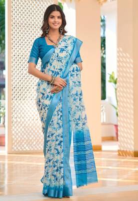 blue printed pure cotton blue saree with blouse 3