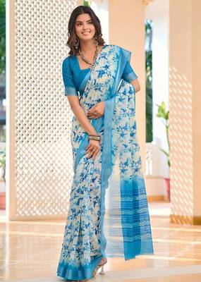 blue printed pure cotton blue saree with blouse 4