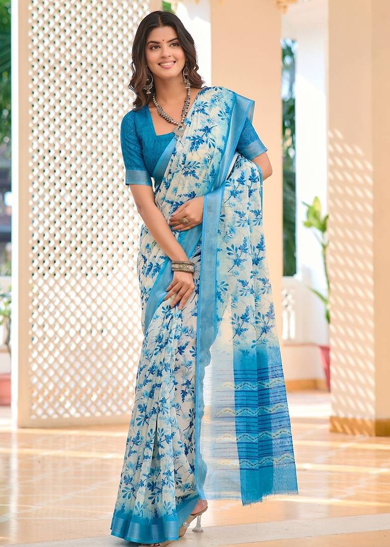 blue printed pure cotton blue saree with blouse